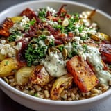 Hearty Winter Grain Bowl with sautéed kale and a creamy tahini dressing, served warm for a nourishing meal.
