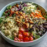 Hearty Rainbow Salad Bowl topped with fresh herbs and a zesty lemon dressing, served on a white platter.