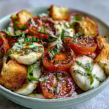 Fresh Caprese Salad Bowl with juicy heirloom tomatoes, mozzarella, basil, and crispy bread, drizzled with balsamic on a rustic platter.