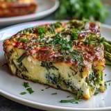 Fluffy spring veggie frittata with asparagus and goat cheese, golden and puffed from the oven.