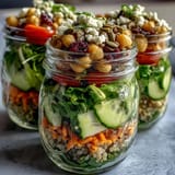 Colorful mason jar salads packed with greens, cherry tomatoes, and protein-rich toppings for the week.