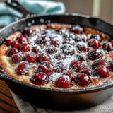 A rustic baking dish full of warm Fresh Cherry Clafoutis dusted with powdered sugar.