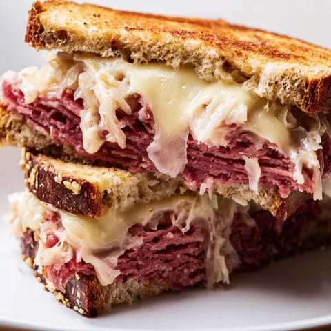 A perfectly grilled Reuben Sandwich cut in half, revealing layers of savory corned beef and tangy sauerkraut inside.