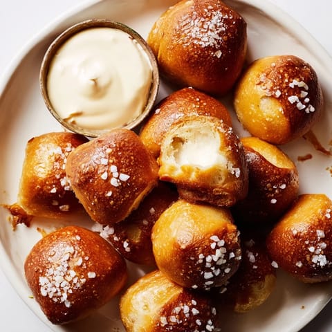 Freshly baked pretzel bites beside a bowl of melty cheddar cheese dip, perfect for party appetizers.