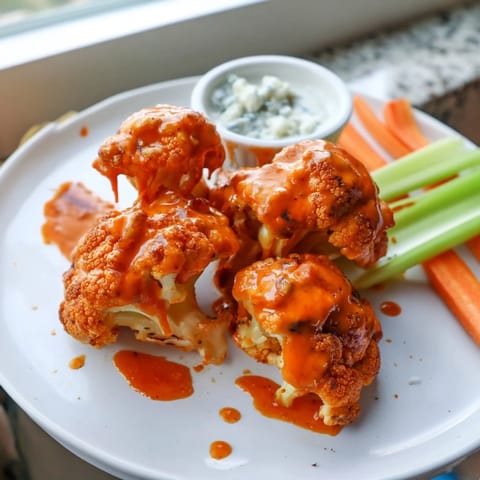 Crispy baked Buffalo Cauliflower Wings tossed in tangy hot sauce, stacked high with creamy ranch or blue cheese dip on the side.