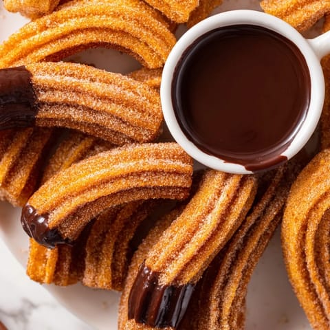 Golden-brown churros coated in cinnamon sugar, served with rich chocolate dipping sauce on a rustic plate.