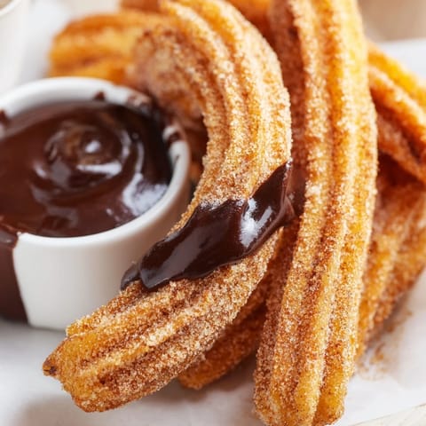 Warm, freshly fried churros with a crispy exterior and soft interior, drizzled with dark chocolate sauce.