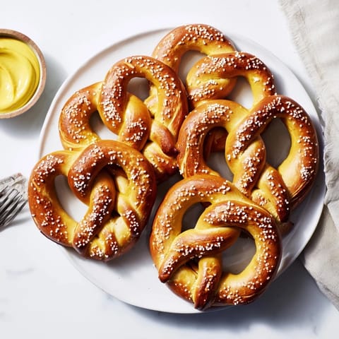 Homemade twisted Soft Pretzels with chewy centers, brushed with butter and ready for dipping in mustard.