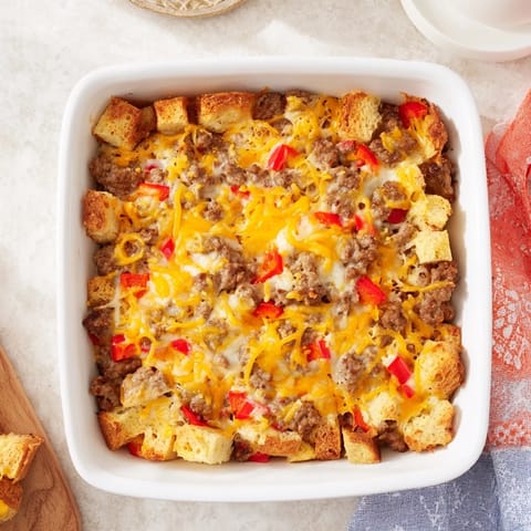 Freshly baked Breakfast Sausage Casserole pulled from the oven with golden, bubbly cheese topping and a rustic wooden serving spoon ready to scoop.