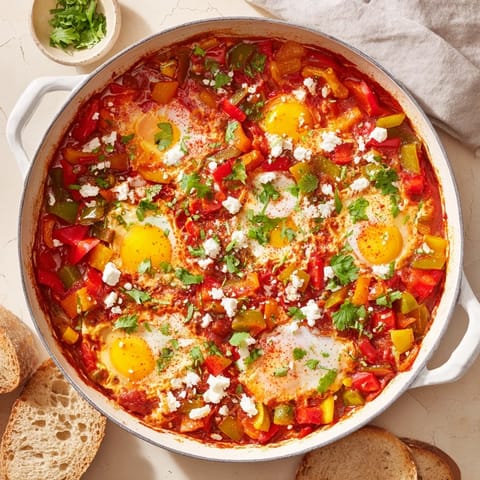 Fragrant Shakshuka simmering in a cast iron skillet, topped with crumbled feta and fresh cilantro alongside warm pita.