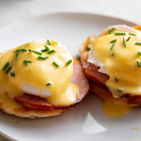 Toasted English muffin base with Canadian bacon and runny-yolk Eggs Benedict, garnished with fresh herbs and warm hollandaise for a classic breakfast.