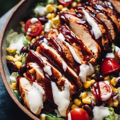 In a large bowl, BBQ Chicken Salad combines crisp romaine with smoky grilled chicken, sweet corn, black beans, and a luscious ranch drizzle.
