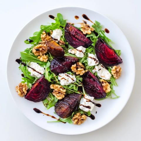 A close-up of a vibrant Roasted Beet Goat Cheese Salad with ruby-red beet wedges, creamy crumbled cheese, and crunchy toasted walnuts on fresh arugula, drizzled with balsamic vinaigrette.