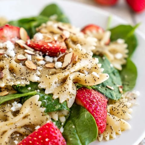 Fresh spinach and sweet strawberries mingle with bow-tie pasta and crunchy almonds in this bright Spring Spinach Strawberry Pasta Salad.