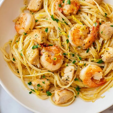 A plate of Lemon Garlic Shrimp & Chicken Pasta garnished with fresh parsley and lemon wedges, perfect for a weeknight meal.  