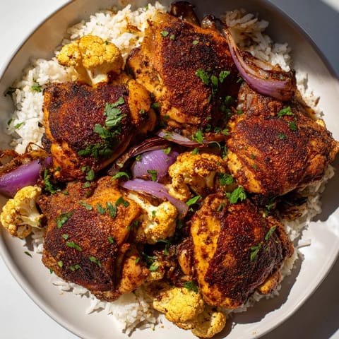 Roasted Cauliflower Chicken Sheet Pan: succulent chicken thighs and golden cauliflower florets roasted together, served over fluffy white rice.
