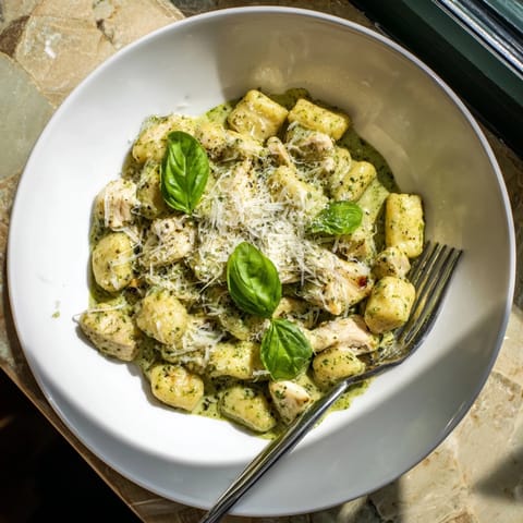 Tender chicken bites and pillowy gnocchi coated in rich basil cream, garnished with fresh Parmesan.