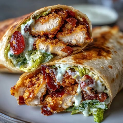 Golden brown tortilla wrapped around hot honey chicken and creamy Caesar salad, ready to slice and serve for an easy handheld meal.