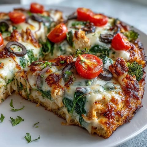 Broccoli Chicken Crust Pizza, a vibrant, low-carb meal loaded with colorful veggies.