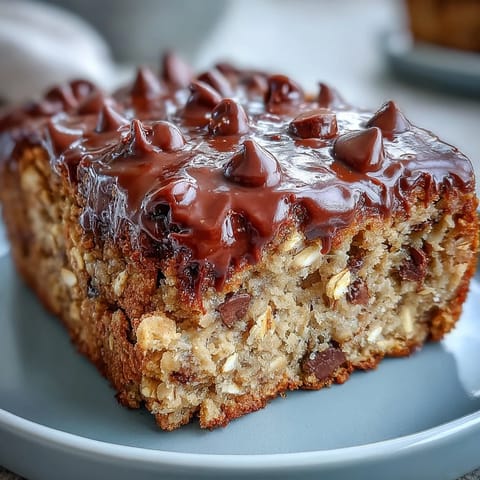 Moist chocolate chip peanut butter oatmeal banana bread, studded with melting chocolate.