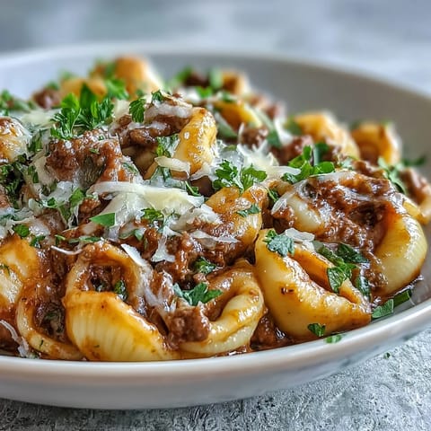 Hearty One Pot Creamy Beef and Shells, cheesy pasta shells, easy comfort food.