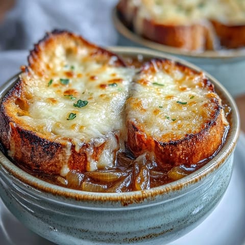 Classic French Onion Soup steaming in a rustic crock, topped with a golden, bubbly Gruyère cheese crust and a toasted baguette slice.