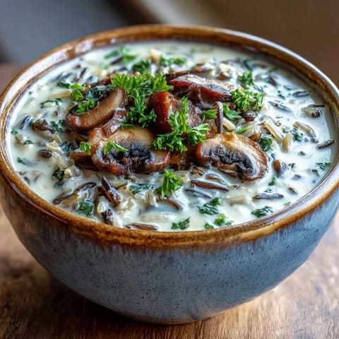 Creamy Wild Rice Mushroom Soup served hot in a rustic bowl with fresh parsley garnish.