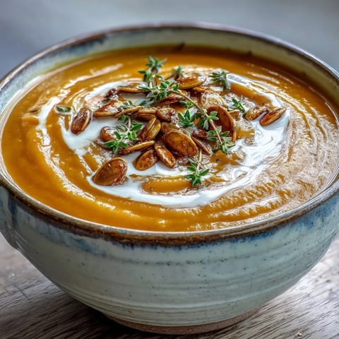 Steaming bowl of roasted butternut squash soup garnished with pumpkin seeds.