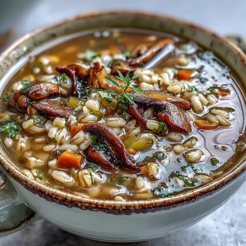 A bowl of hearty Mushroom Barley Soup garnished with fresh parsley, featuring tender sliced mushrooms and chewy pearl barley in a rich, golden broth.