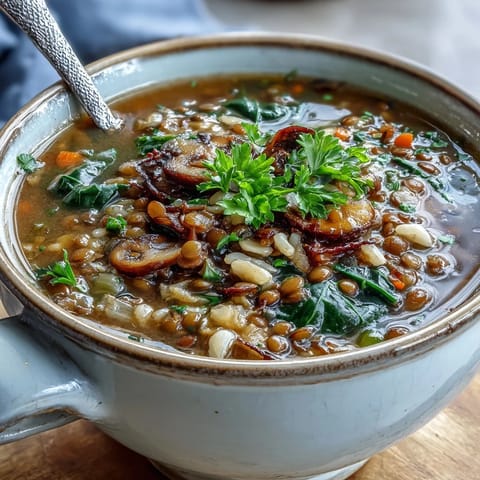 Double Lentil and Mushroom Barley Soup served hot with crusty bread on the side.