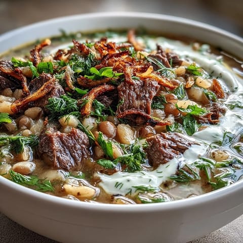 Close-up of steaming Beef Barley Soup topped with golden mint-fried onions and a swirl of sour cream in a rustic bowl.