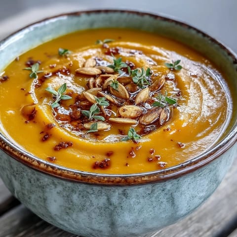 A ladle of golden butternut squash soup next to crusty bread, perfect for a cozy dinner.