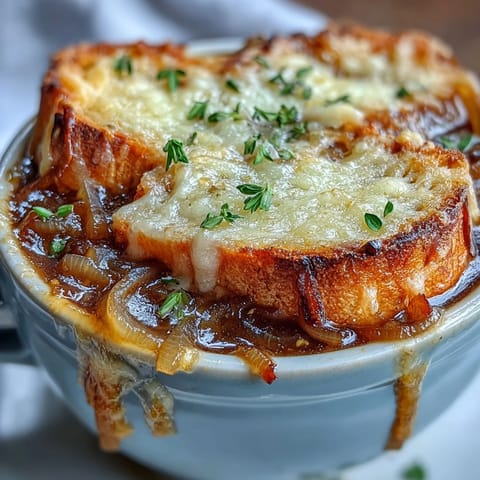 Savory French Onion Soup is broiled in a crock until golden, melting Gruyère over toasted bread, ready to serve with fresh thyme.