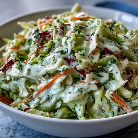 Heaping bowl of chilled Coleslaw With Creamy Dressing, featuring crunchy vegetables and a rich, mayonnaise-based sauce.