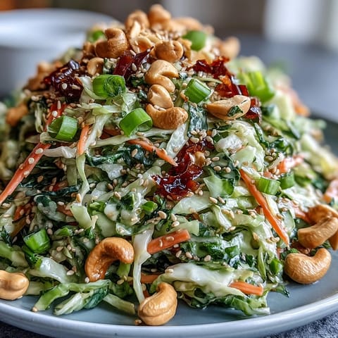 A close-up view of crunchy Asian Cabbage Salad topped with roasted cashews and toasted sesame seeds, served alongside grilled chicken for a light meal.