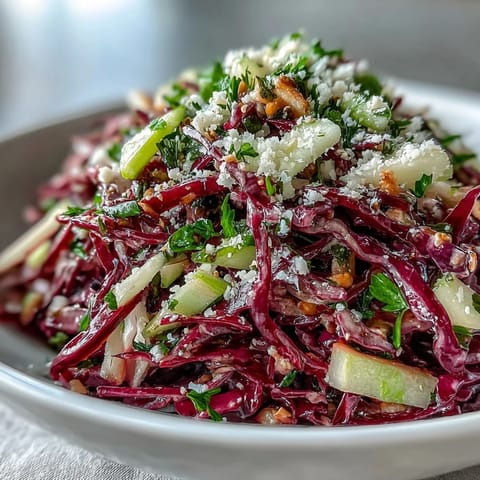 A vibrant bowl of Red Cabbage Coleslaw With Apple and Parmesan, showcasing crisp purple shreds, bright green parsley, and a tangy vinaigrette.