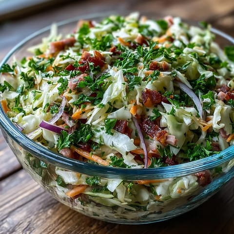 Freshly tossed German Cabbage Coleslaw with Shredded Ham, featuring vibrant purple and green cabbage ribbons mixed with savory smoked ham. The salad is coated in a glossy, tangy dressing and garnished with fresh parsley, served in a rustic ceramic bowl, perfect as a hearty side dish.