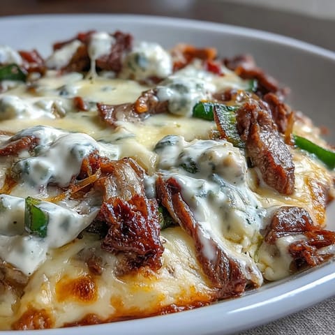 Golden-brown Philly Cheesesteak Dip bubbling in a dish, topped with melted provolone, peppers, and onions, served with toasted baguette slices.