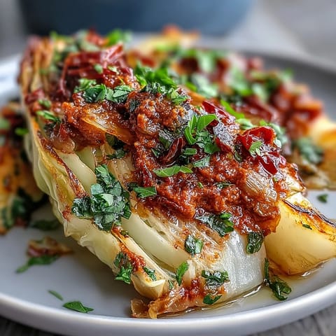 Golden roasted Baked Cabbage Salad With Winter Romesco wedges served on a platter with fresh parsley and lemon wedges.