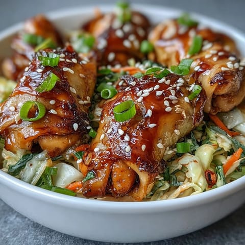 A close-up of vibrant Egg Roll Bowls with Chicken and Cabbage, garnished with scallions and chili crisp, ready for dinner.