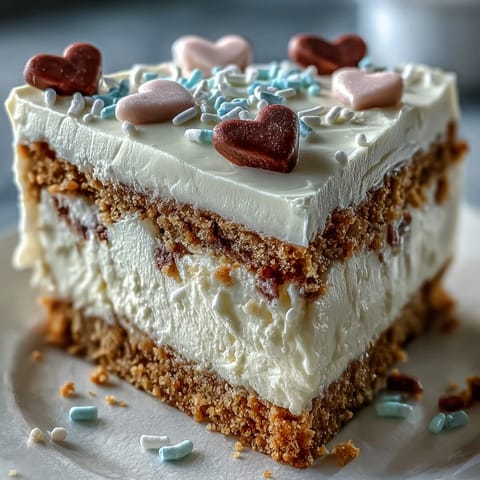Cool slices of Candy Hearts Fake Cake reveal a creamy cheesecake layer and a buttery graham cracker crust. 