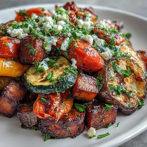 Roasted Mediterranean Greek Vegetables fresh from the oven, featuring caramelized eggplant, zucchini, and peppers on a baking sheet.