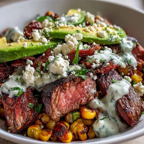 Grilled steak slices and charred corn fill a bowl with avocado and cherry tomatoes, drizzled with green cilantro cream sauce.