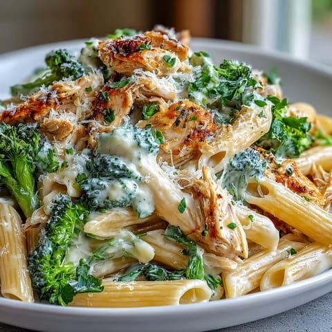A skillet of High Protein Rotisserie Chicken Broccoli Pasta with whole-wheat penne, topped with fresh parsley and extra Parmesan cheese.