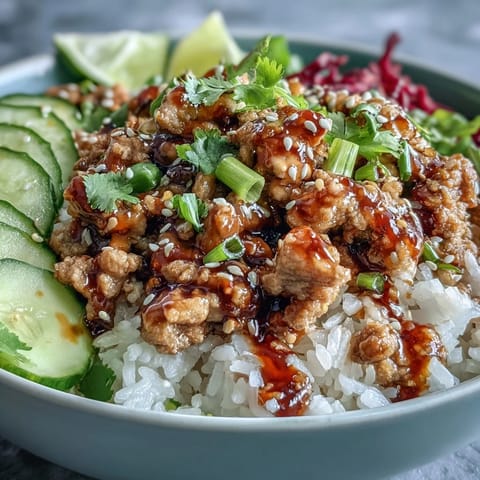 A vibrant overhead shot of Bang Bang Ground Turkey Rice Bowls, featuring fluffy white rice topped with seasoned turkey, colorful shredded carrots, cucumber slices, and bright red cabbage, all drizzled with creamy chili sauce and garnished with sesame seeds and fresh cilantro.