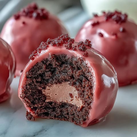 A close-up of chilled Oreo Truffle Balls dipped in a smooth pink shell, topped with delicate edible pearls.
