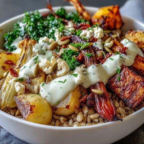 Hearty Winter Grain Bowl topped with pumpkin seeds and feta, featuring golden roasted carrots, parsnips, and sweet potato.