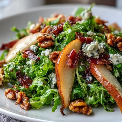 A top-down view of a Frisée Pear Blue Cheese Bowl with crisp prosciutto and toasted walnuts on a rustic wooden table.