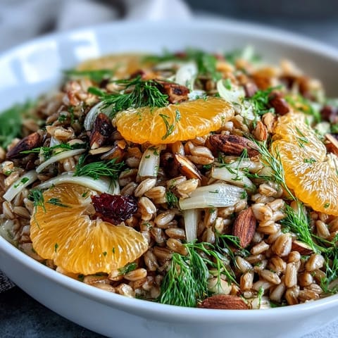 A vibrant Farro Salad Bowl with fennel, juicy orange slices, and toasted almonds, drizzled with vinaigrette on a rustic table.