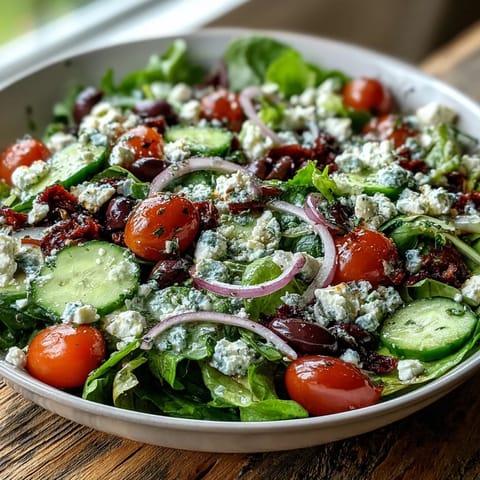 A close-up of the Mediterranean Green Salad Bowl with spring mix, cherry tomatoes, and crumbled feta.